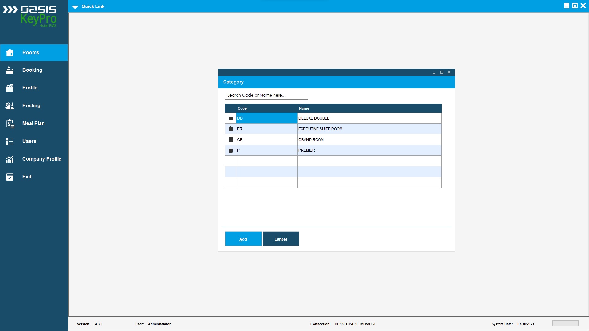 Room category configuration screen for the LAP IT PMS setup workflow.